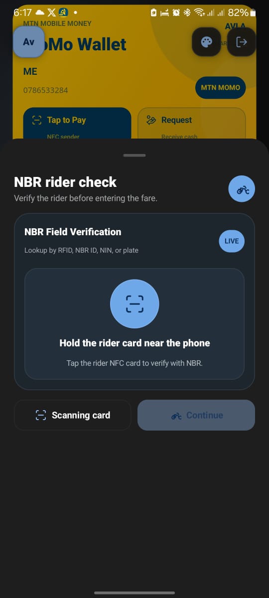 A mobile payment journey scanning an NBR rider credential for field verification